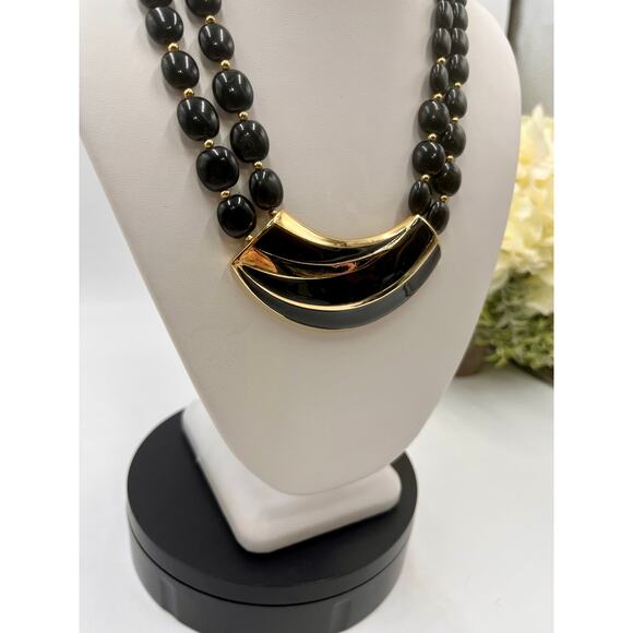 Trifari Vintage Double‎ Strand Beaded Black Goldtone Egyptian
Revival Necklace - Picture 3 of 8